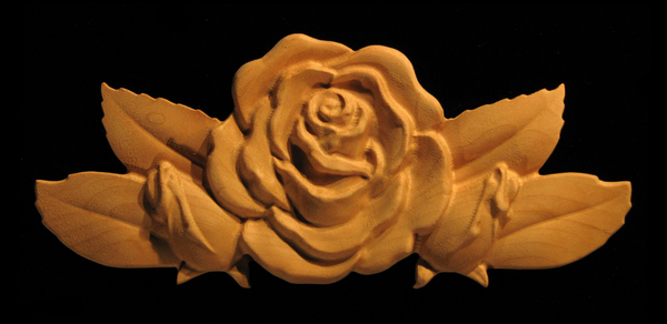 Onlay - Rose with Leaves and Buds - Short Carved Wood