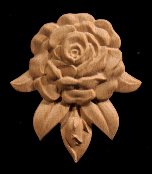 Onlay - Rose Flower Drop, Short, Carved Wood