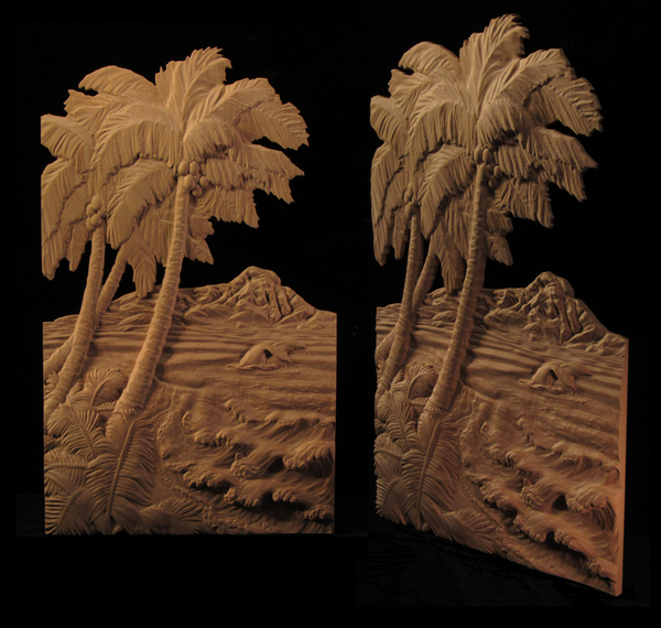 Carved Panel with Beach, Ocean and Palm Tree