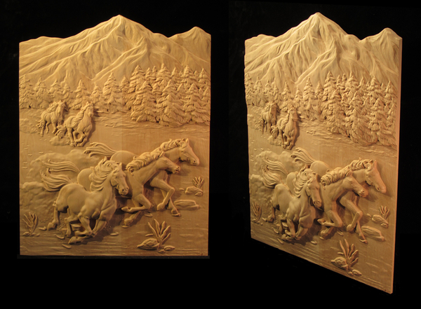 Carved Panel with Wild Horses and Mountains